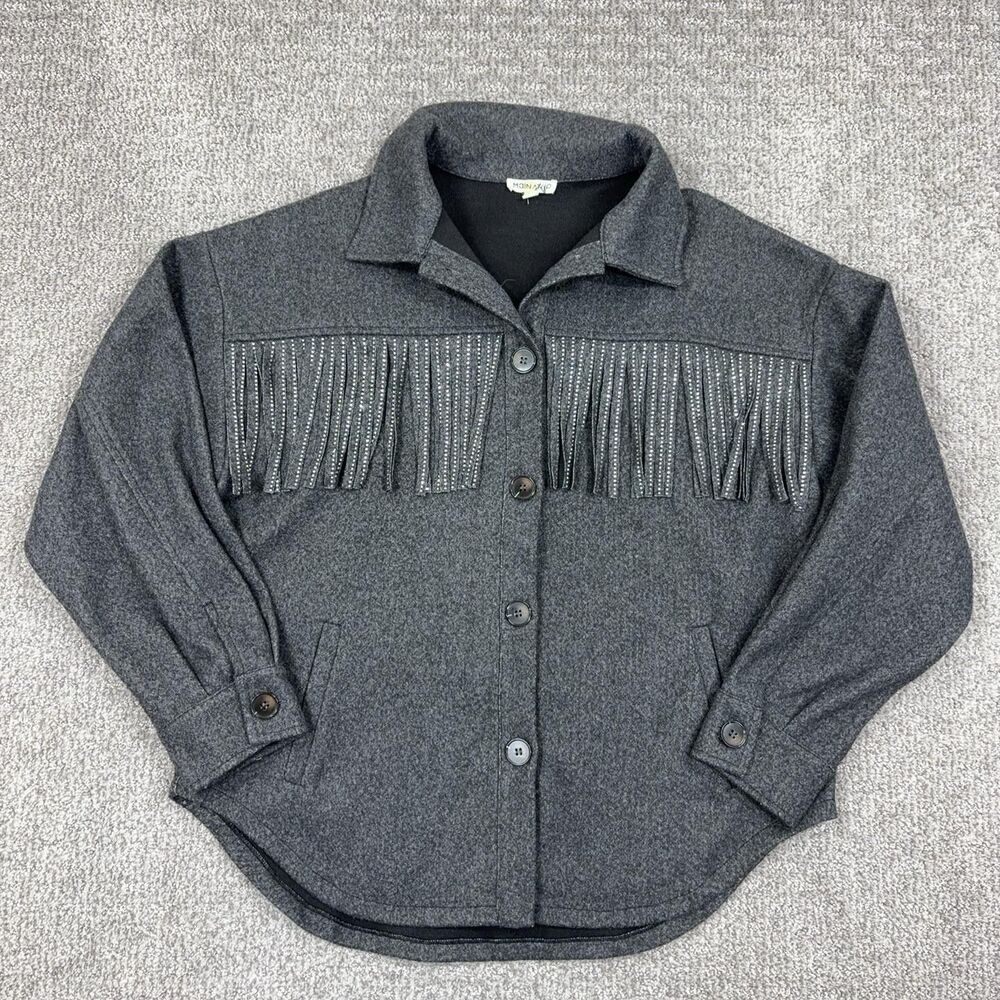 Main Strip Jacket Womens Small Gray Fringe Studded Western Boho Shacket